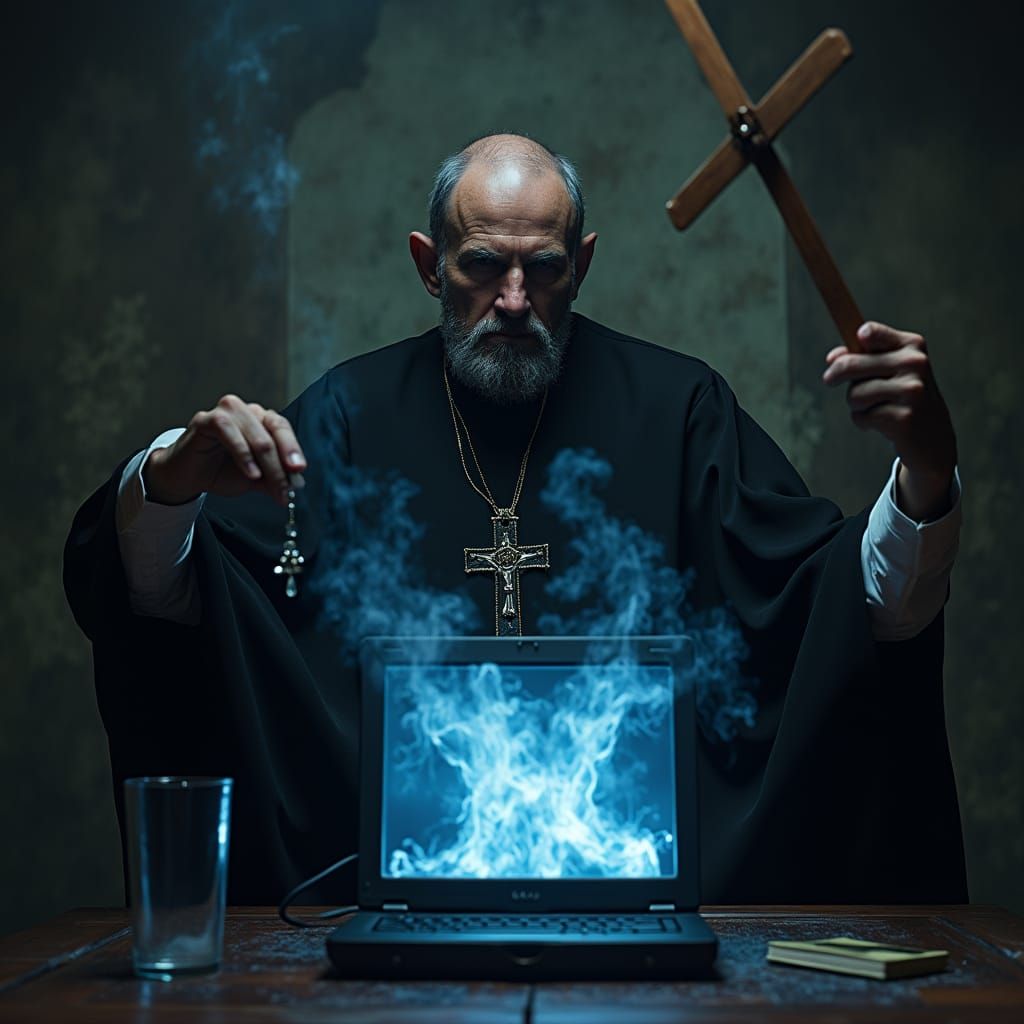 Priest Exorcising a Possessed Computer in Baroque Style