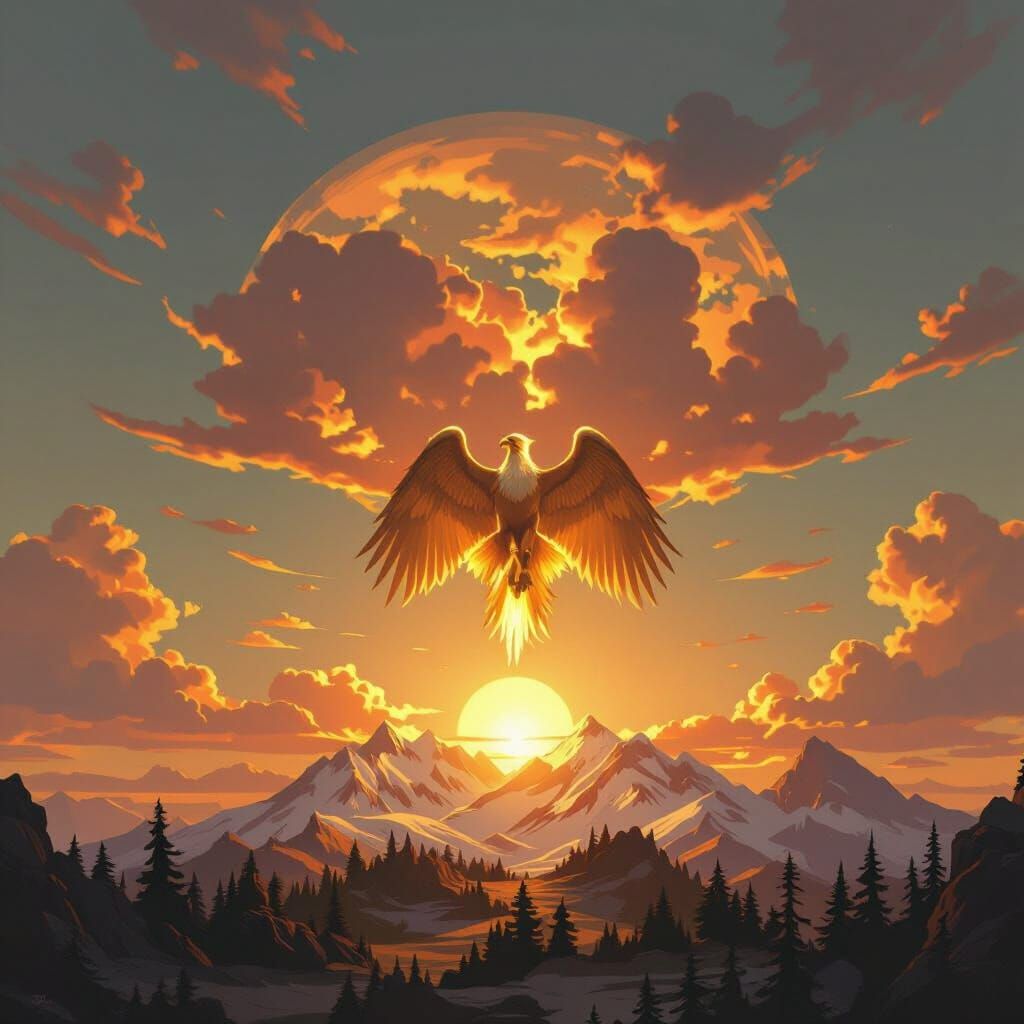 Golden Griffin Overlooking Ancient Forest, Hyperrealistic Fa...