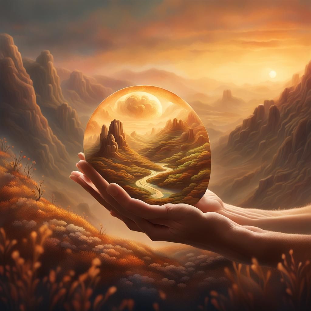 Miniature Landscape in Cupped Hands: Hyperrealistic Concept ...