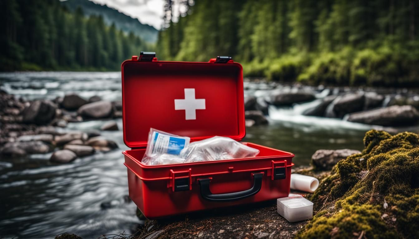 Red First Aid Kit by a Forest River