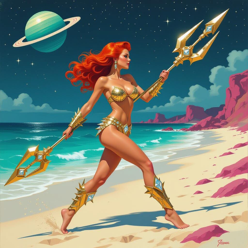 Fiery Woman with Space Trident on Alien Beach
