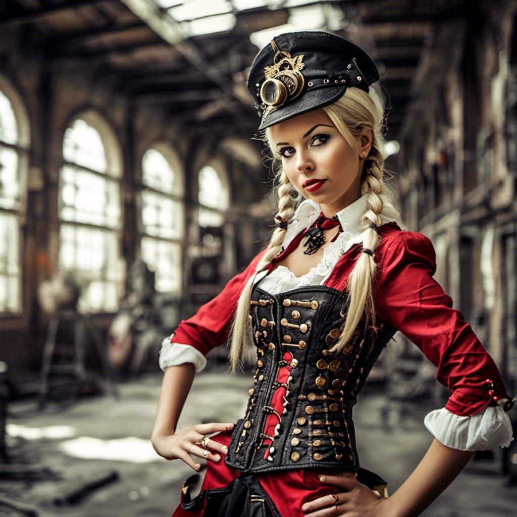 Steampunk Victorian Warrior Girl in Factory