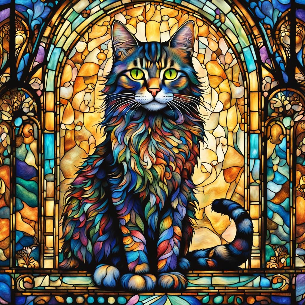 Cats Frolicking in Ornate Stained Glass Paradise