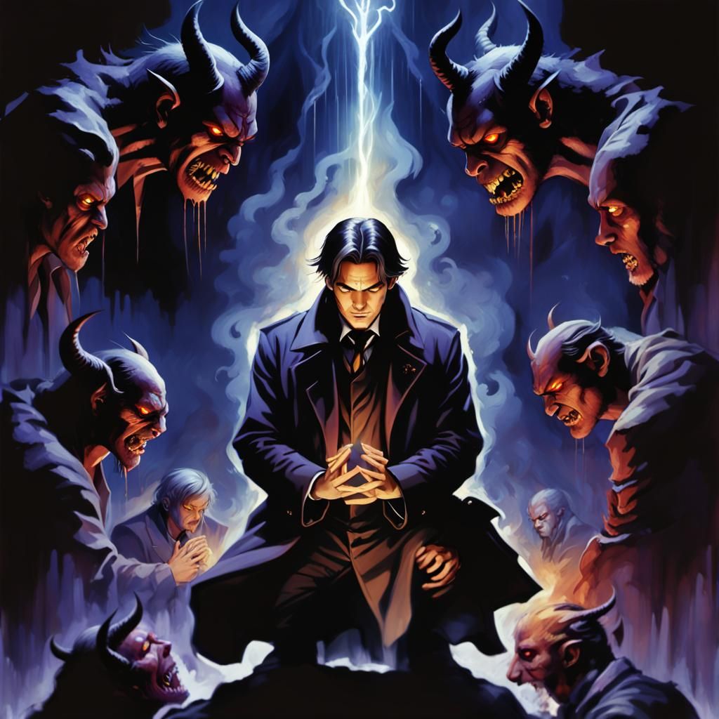 Dark Fantasy: Man Praying Surrounded by Demons