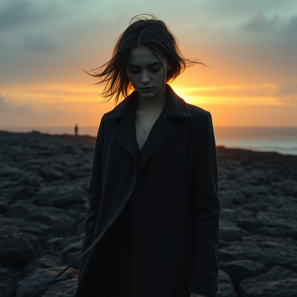 Contemplative Woman at Sunrise: Surreal Photorealistic Art