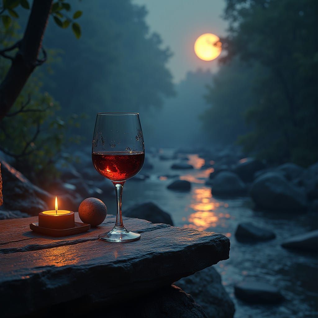 Whimsical Wine Scene by a Moonlit River