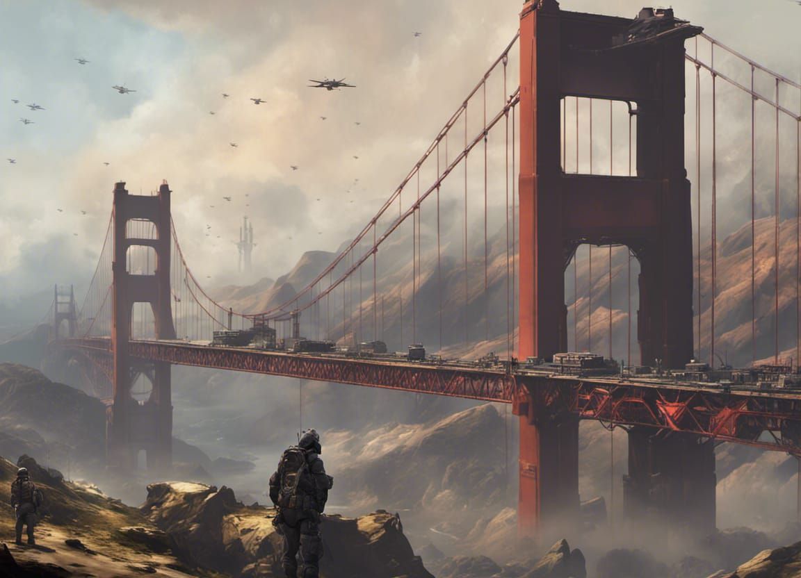Golden Gate Military Base in Dystopian Sci-Fi Style