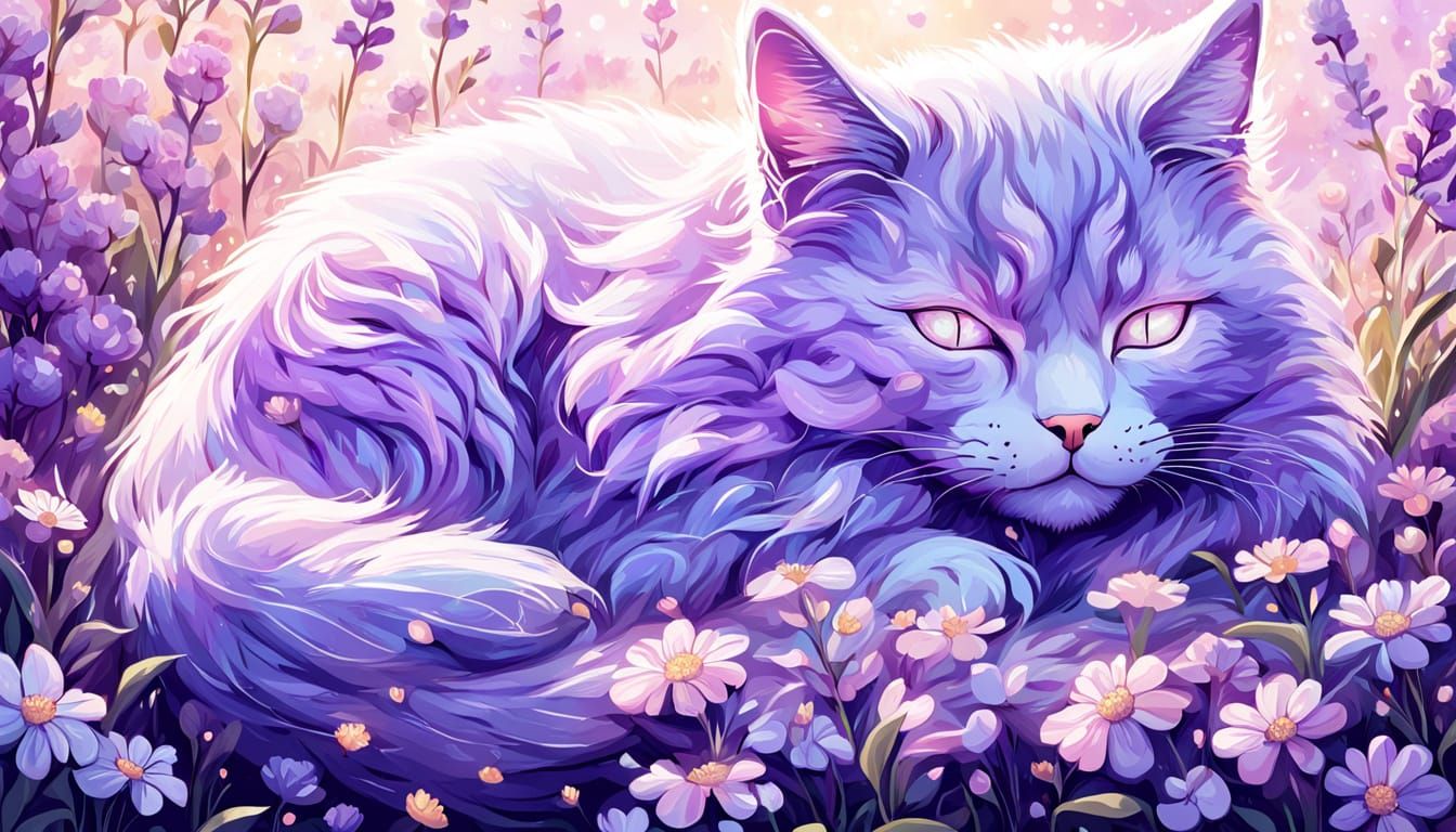 Lilac Cat Sleeping in a Magical Flower Field