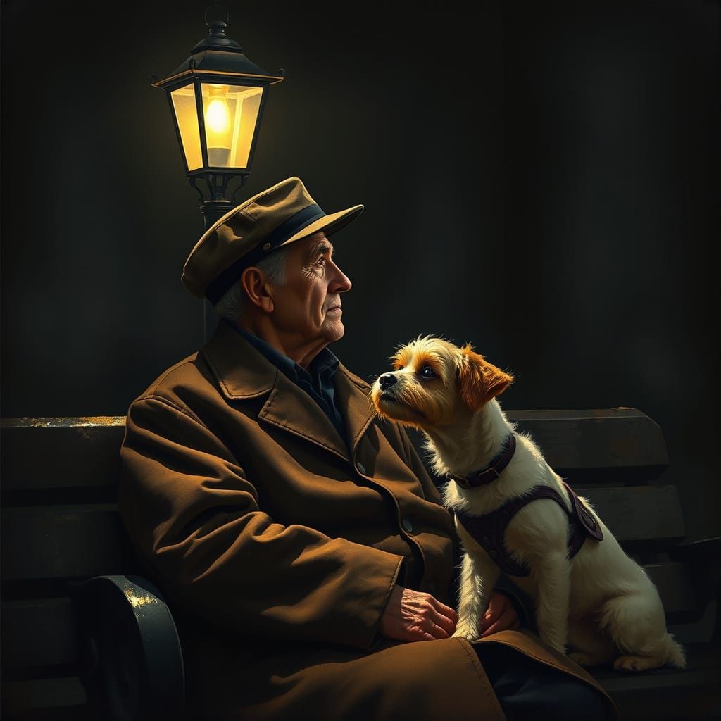 Gentle Elder Sits with Loyal Companion on a Dark Parkbench