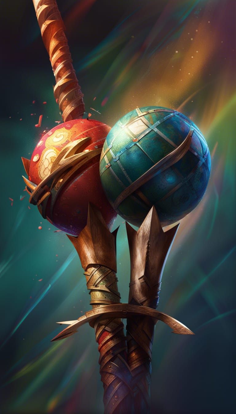 Hyperrealistic Spears and Rings in Colorful Splash Art