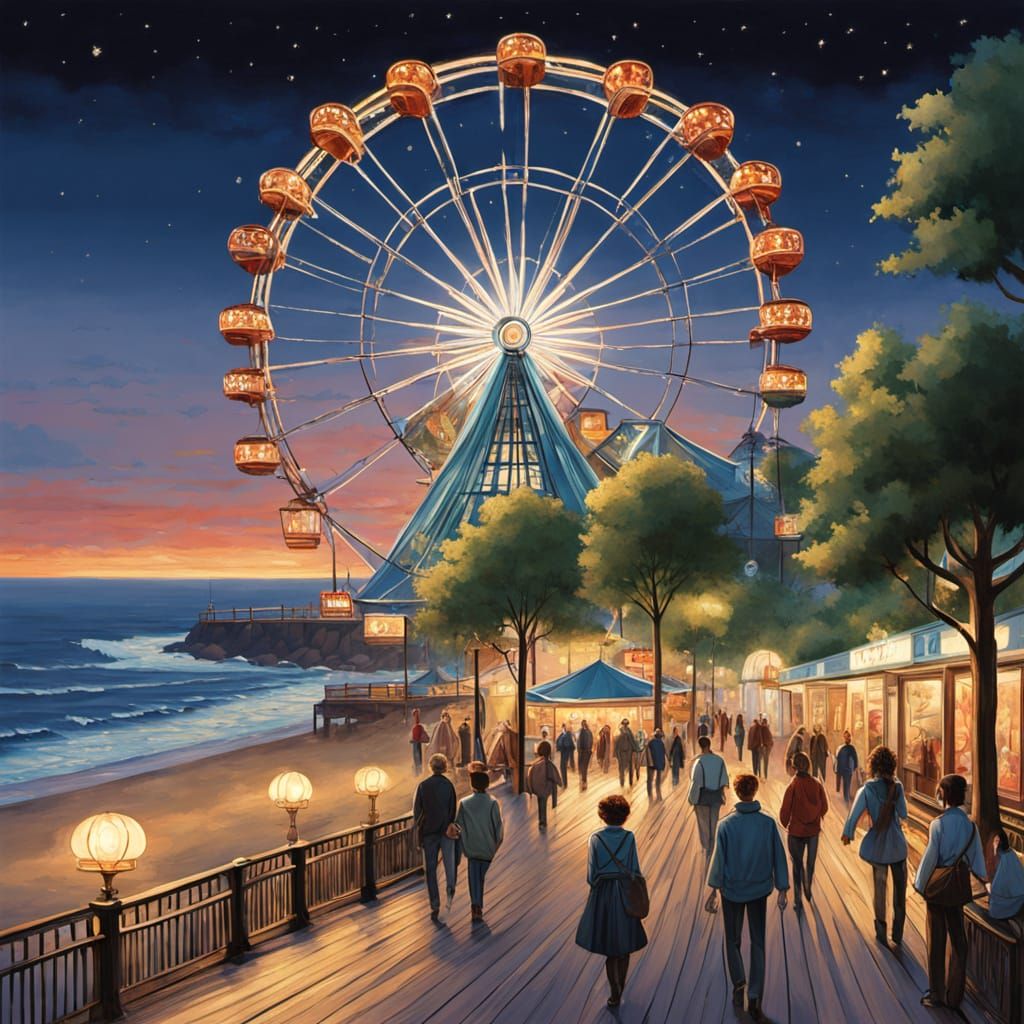 Night Boardwalk Scene in Hyperrealistic Art Nouveau Style