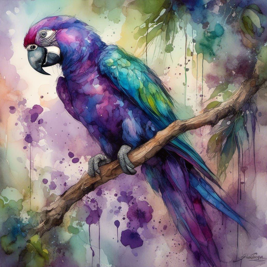 Vibrant Purple Parrot in Watercolor Style