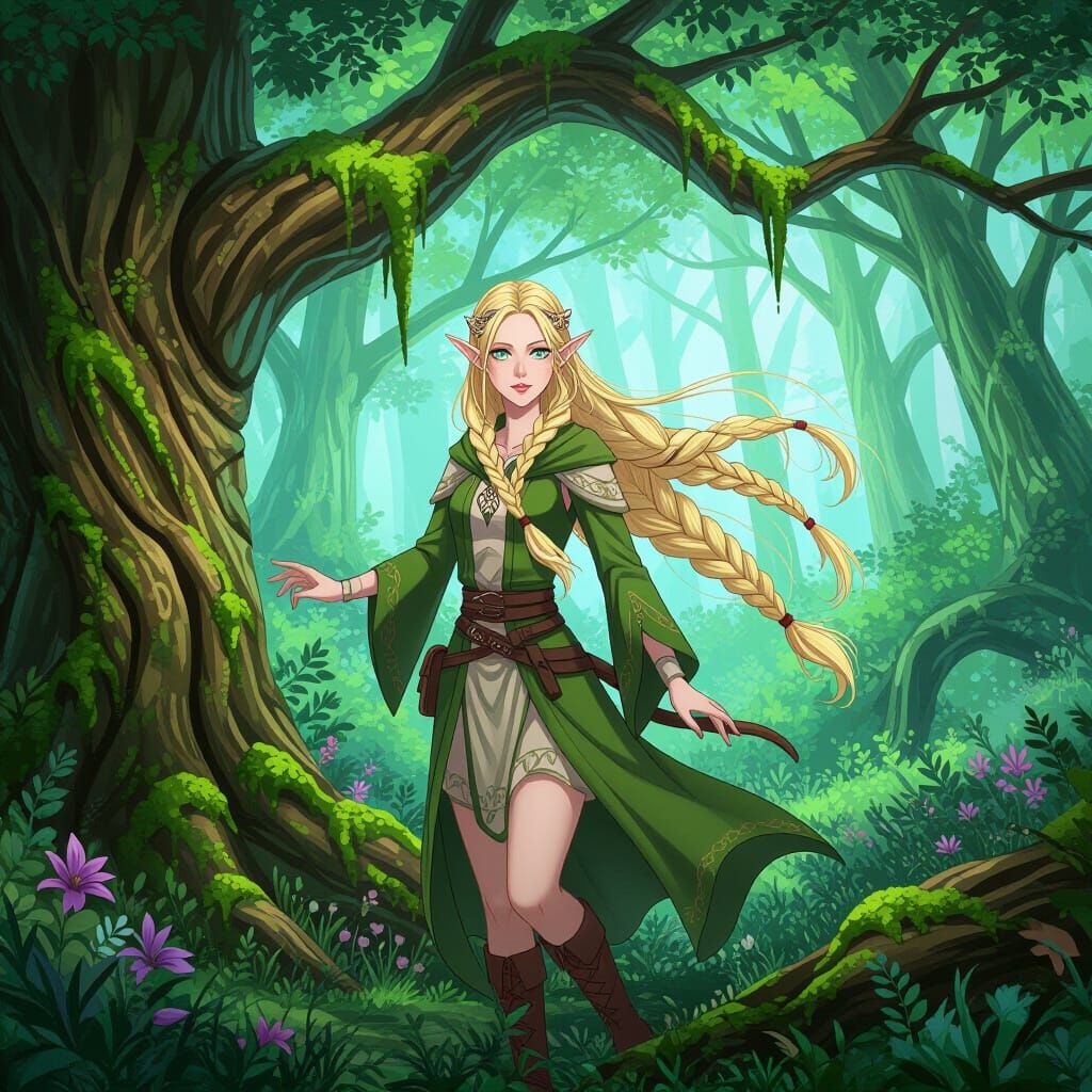 Anime Elf Emerges from Ancient Forest