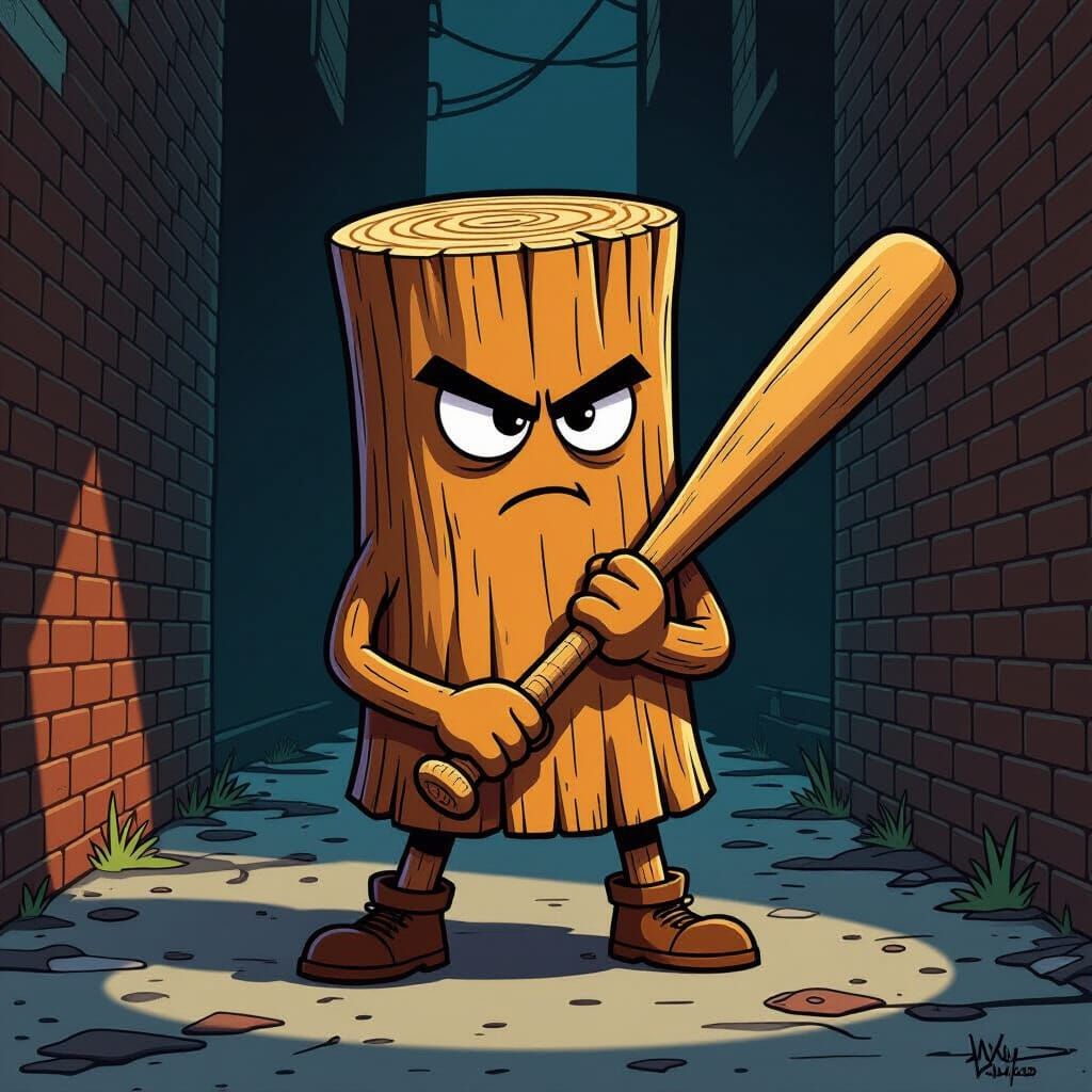 Cartoon Log Character Holding Bat in Grimy Alley