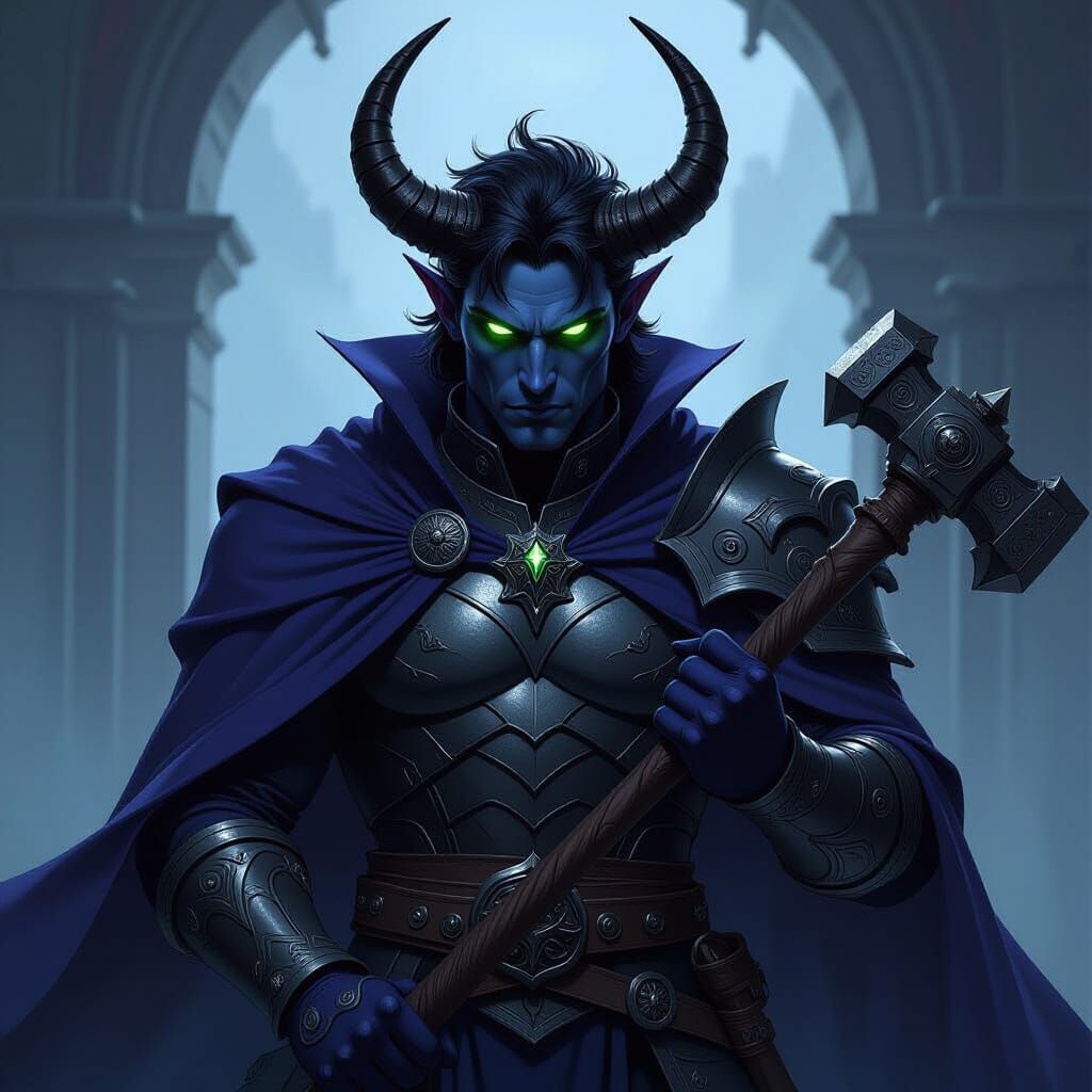 Dark Fantasy Devil Warrior with Purple Skin and Ox Horns