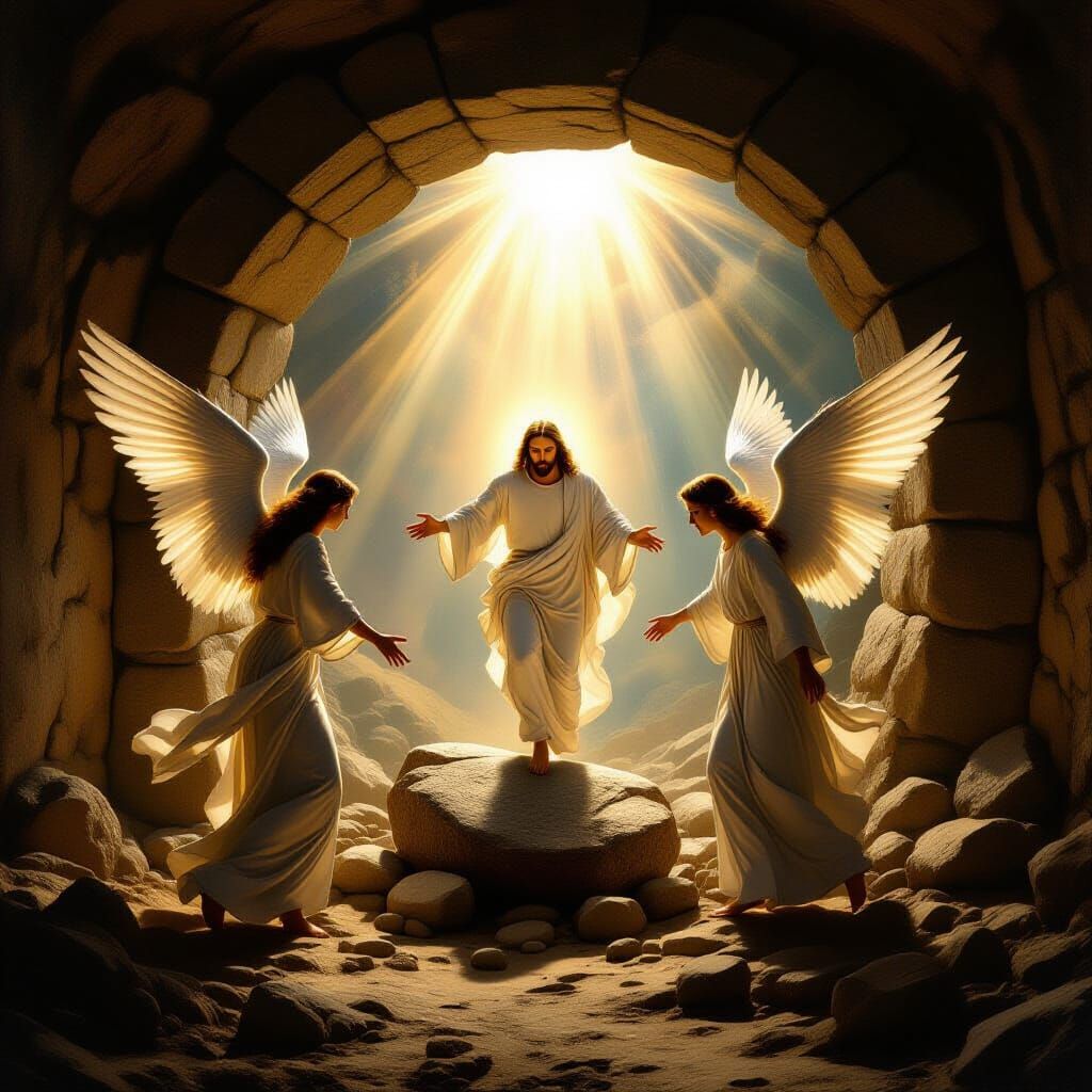 Resurrected Christ Emerges from Tomb by Radiant Angels