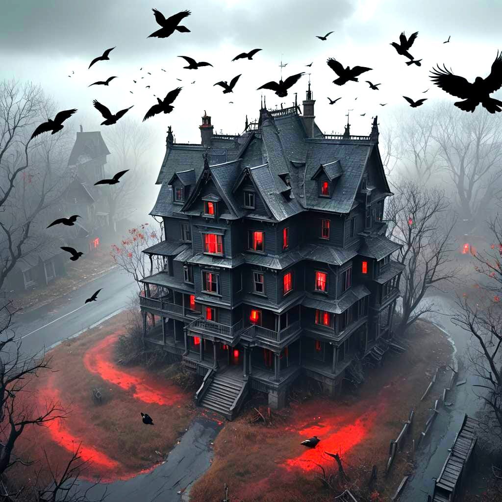 Horror Ghost House with Red and Black Shades