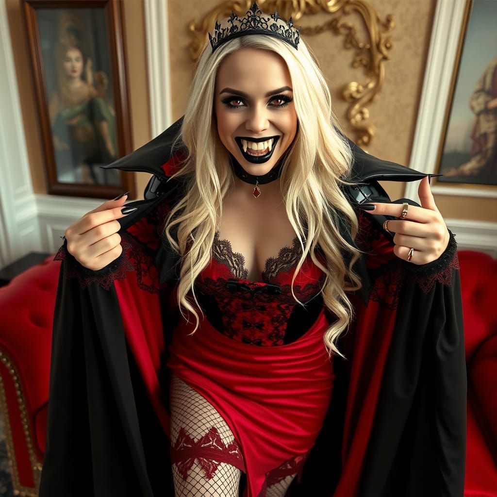Vampiress Reveal with Sharp Canine Fangs in a Dark, Gothic A...