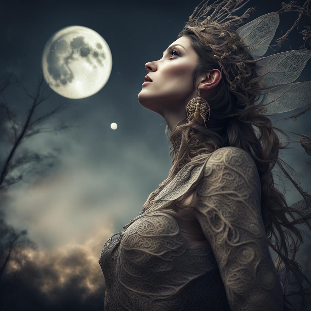 Insect Woman Gazing at Moon: Hyperrealistic 64MP Image
