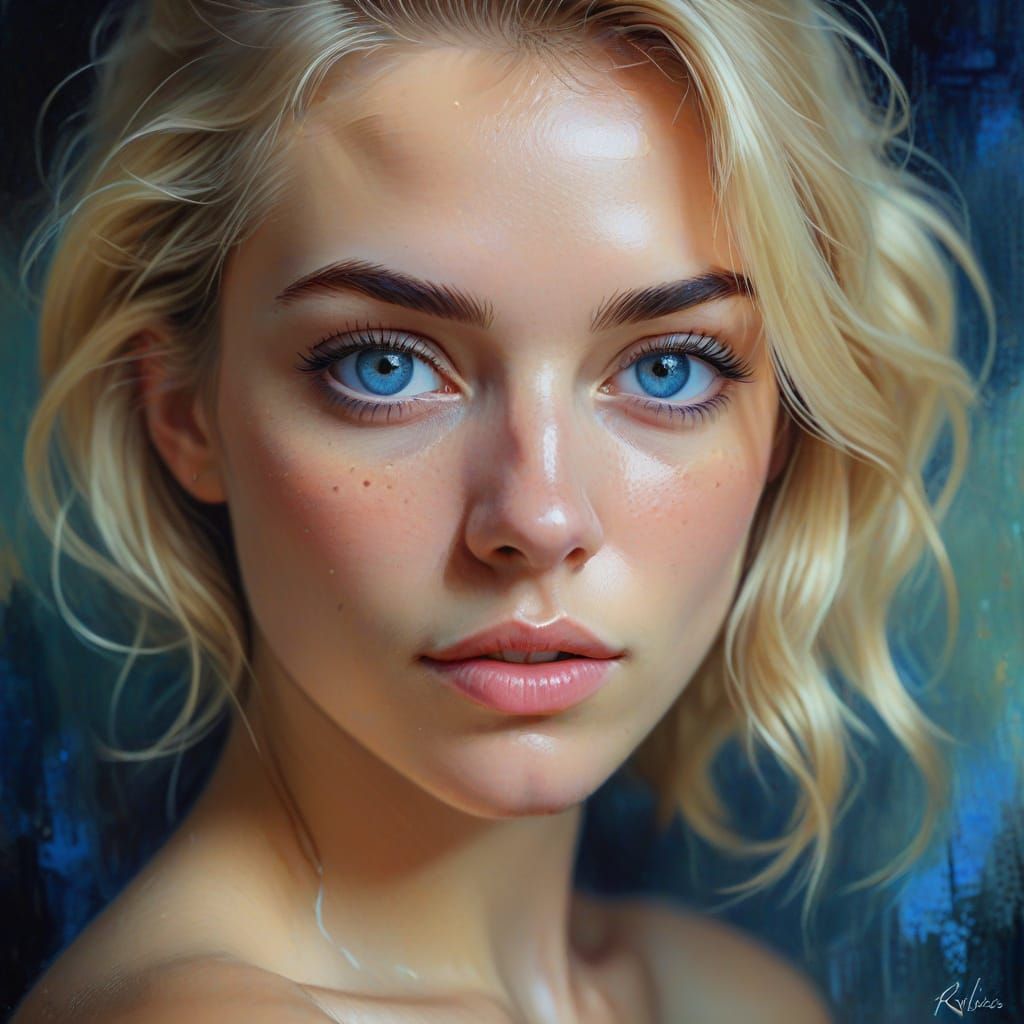 Impressionist Portrait of Blue-Eyed Woman in Lingerie