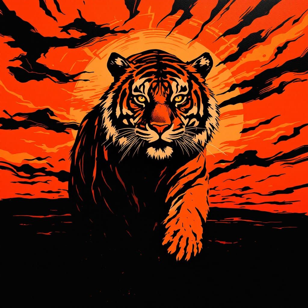 Black and orange painting of a majestic tiger emerges from a...