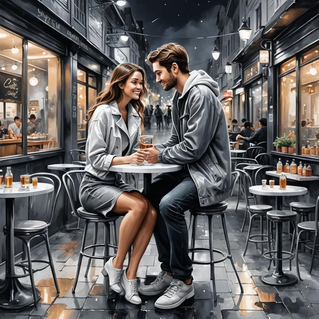 Cute Couple Illustration in Night Cafe Style