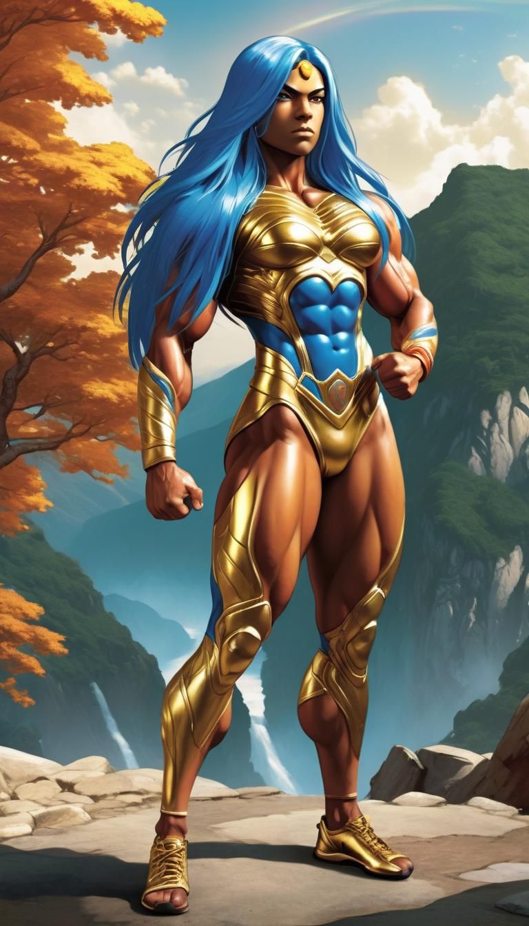 Muscular Bodybuilder in Scenic Landscape: Digital Art