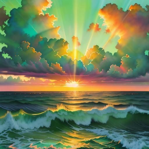 Vibrant Sunset Over Ocean with Volumetric Lighting