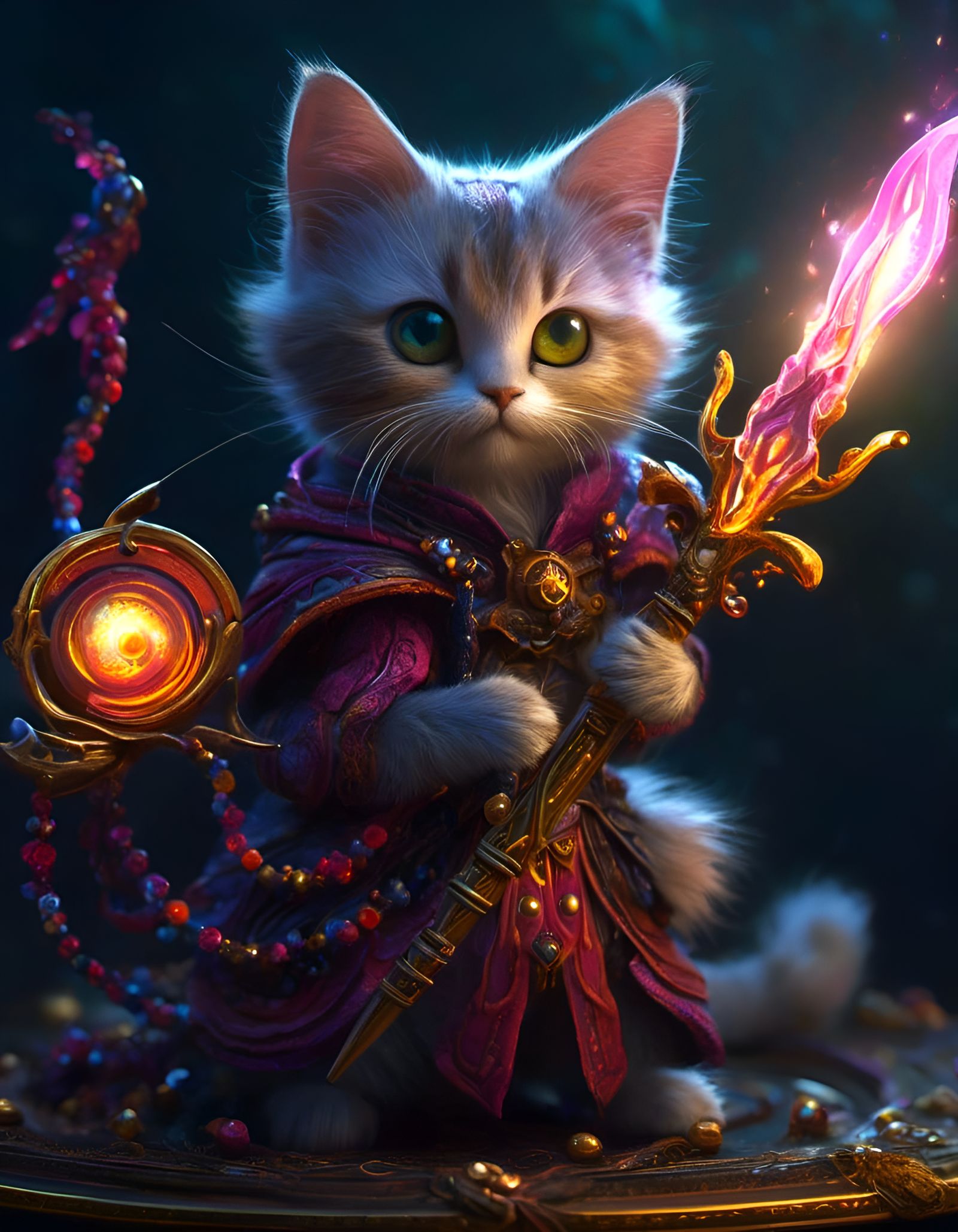 Cute Cat Mage with Fire Sword in Dark Fantasy Style