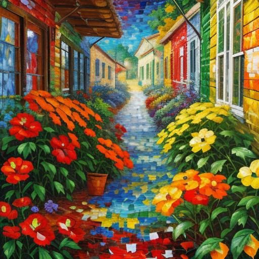 Vibrant Mosaic Patchwork in Expressionist Oil Painting Style