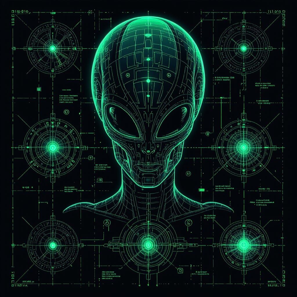 Biomechanical Alien Symbols with Bioluminescent Details
