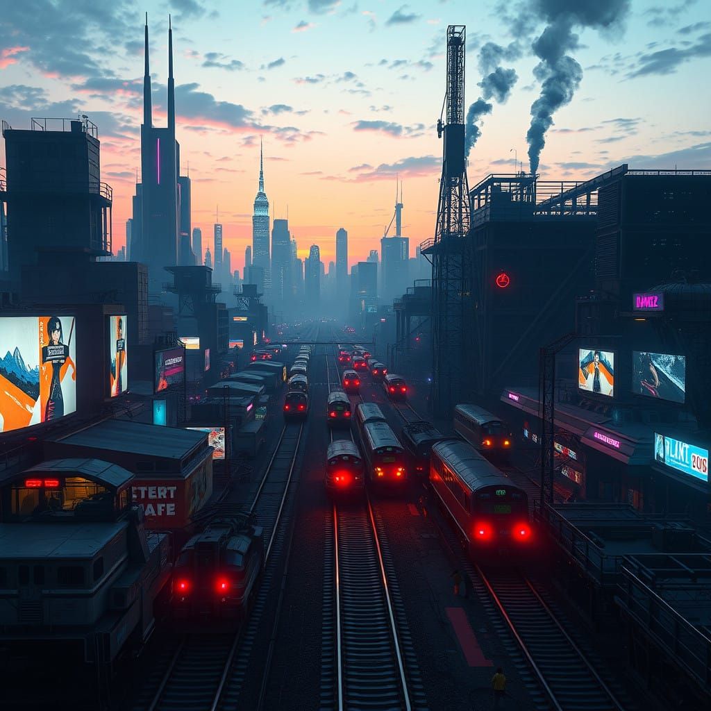 Cyberpunk Trainyard Landscape in Dystopian Futuristic Style