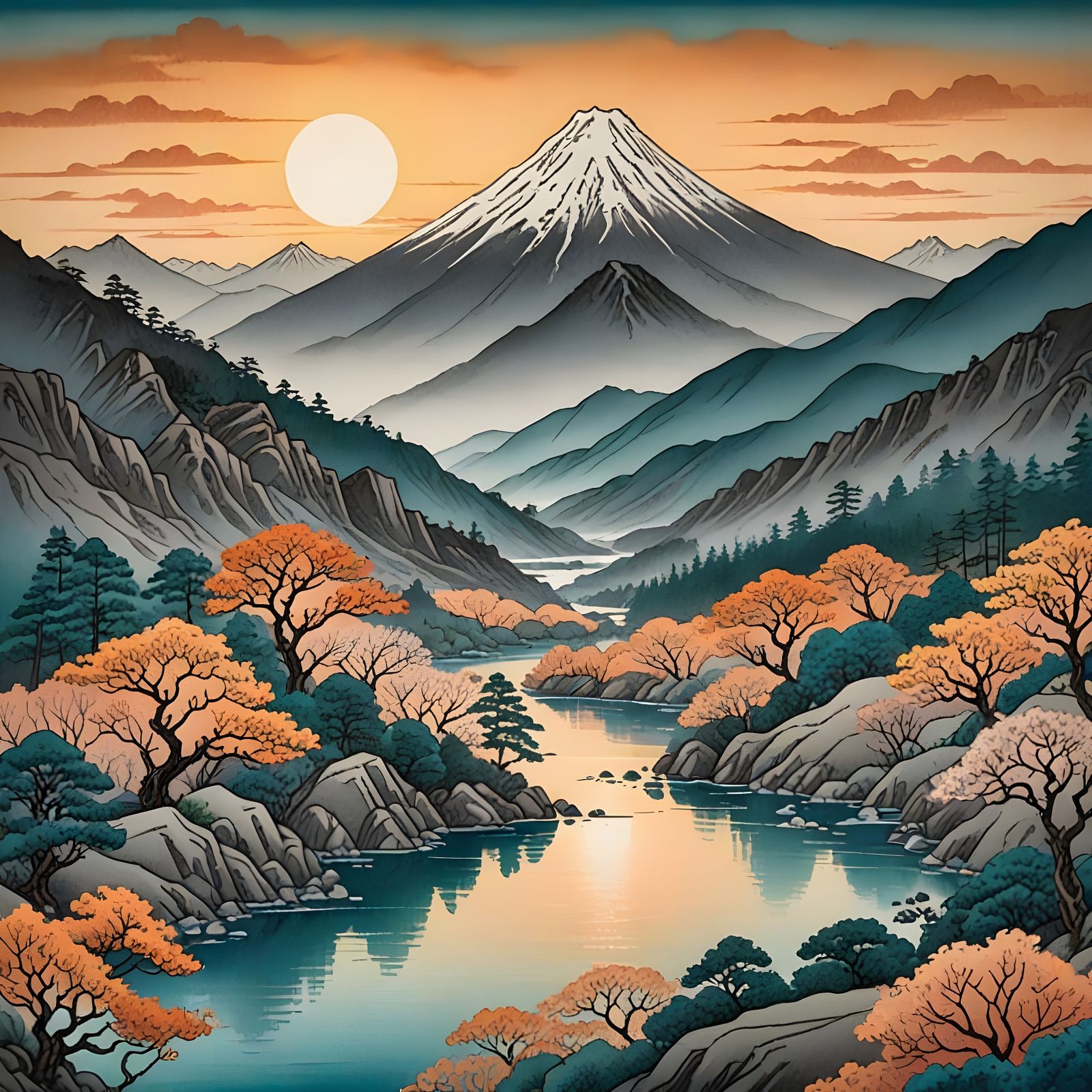 Serene Japanese Watercolour Landscape at Twilight