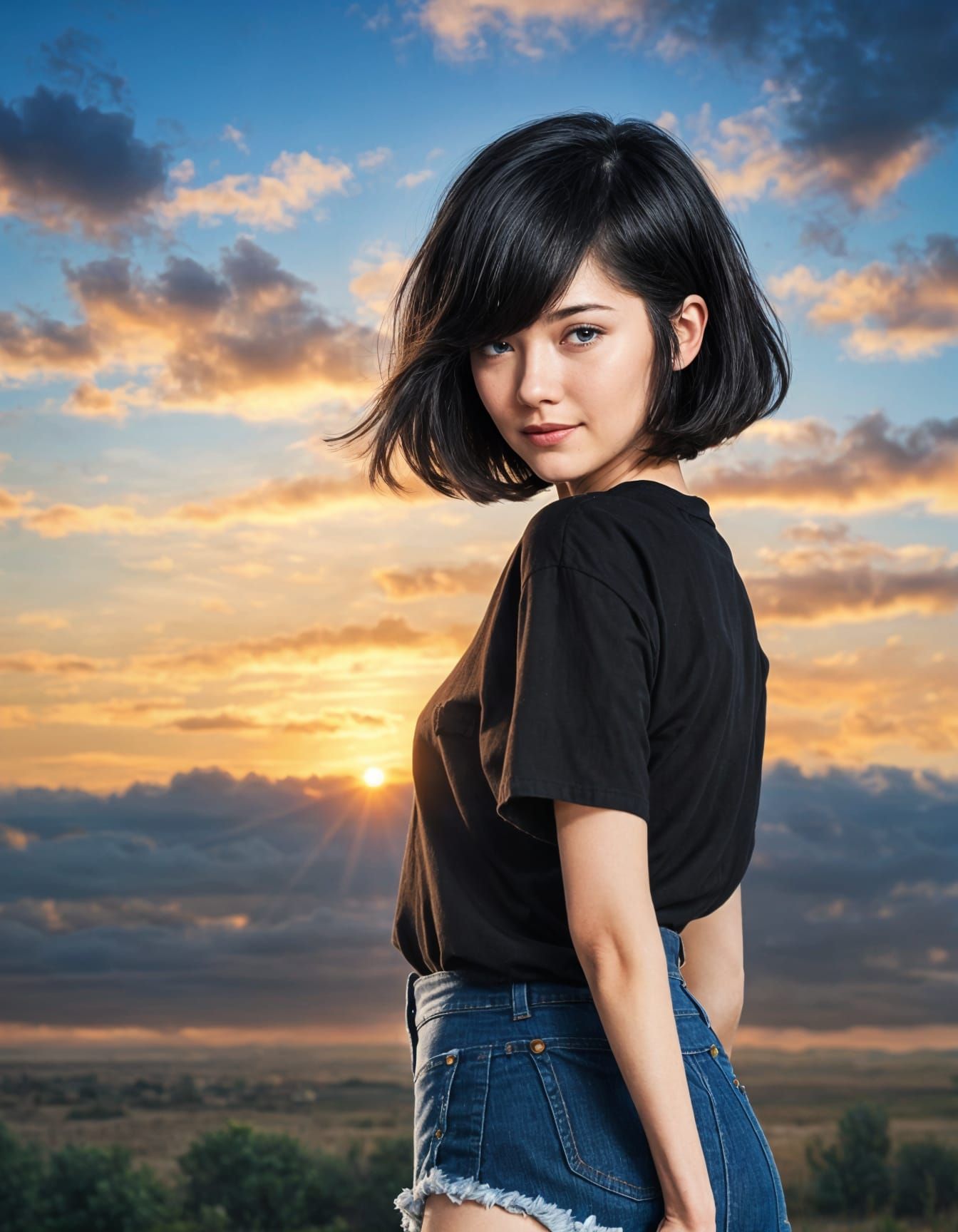 Girl with Bob Cut at Sunset