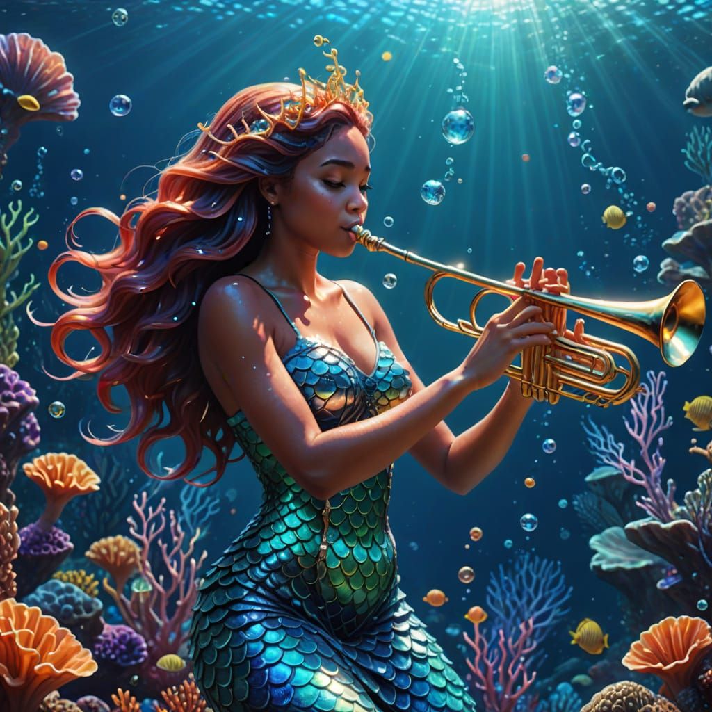 Mermaid's Underwater Trumpet Serenade in Splash Art Style
