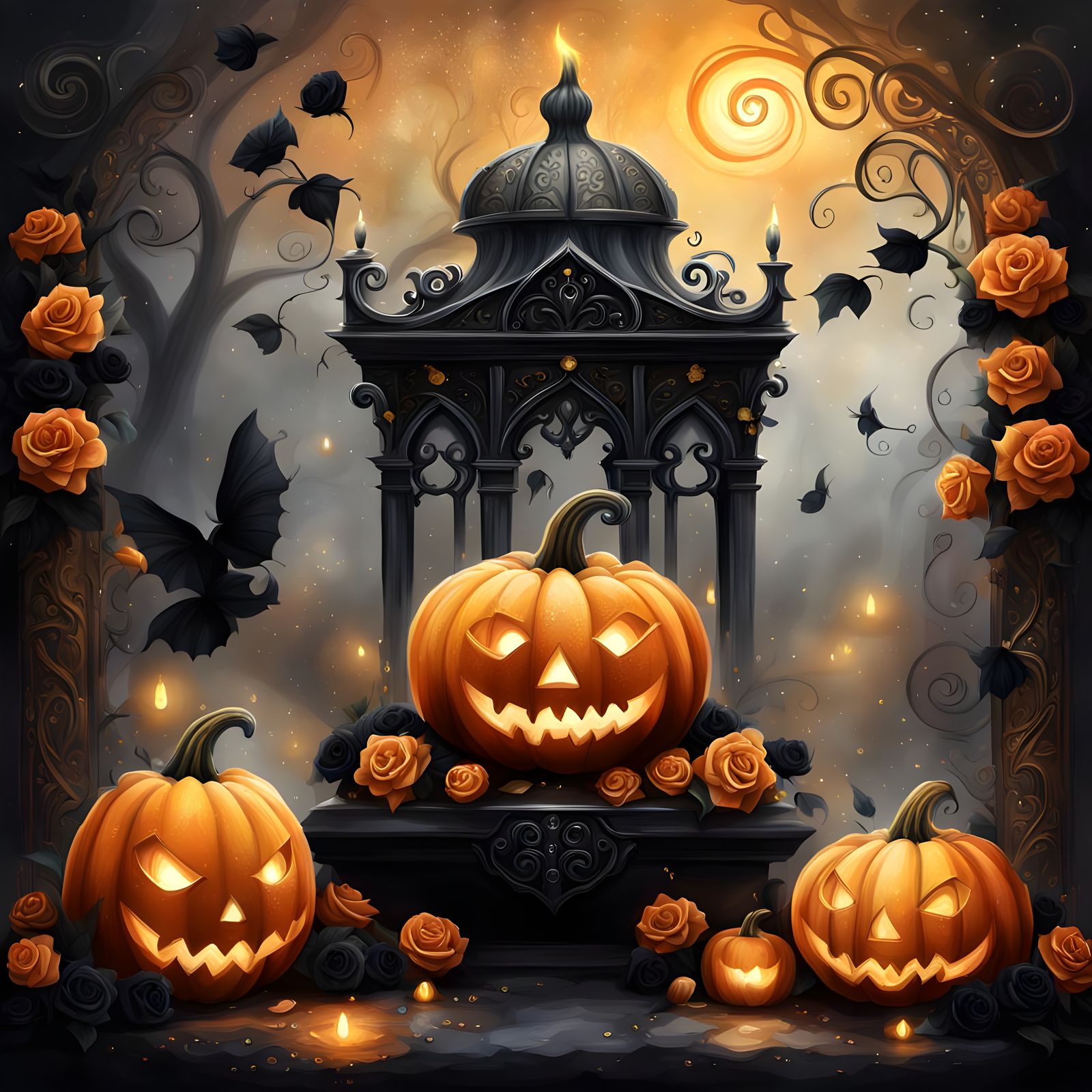 Gothic Glitter Pumpkin with Black Roses