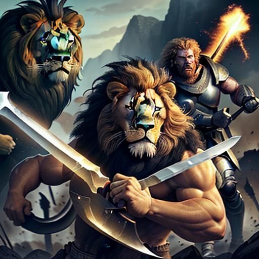 A creature with the head of a man and the body of a lion, wi...