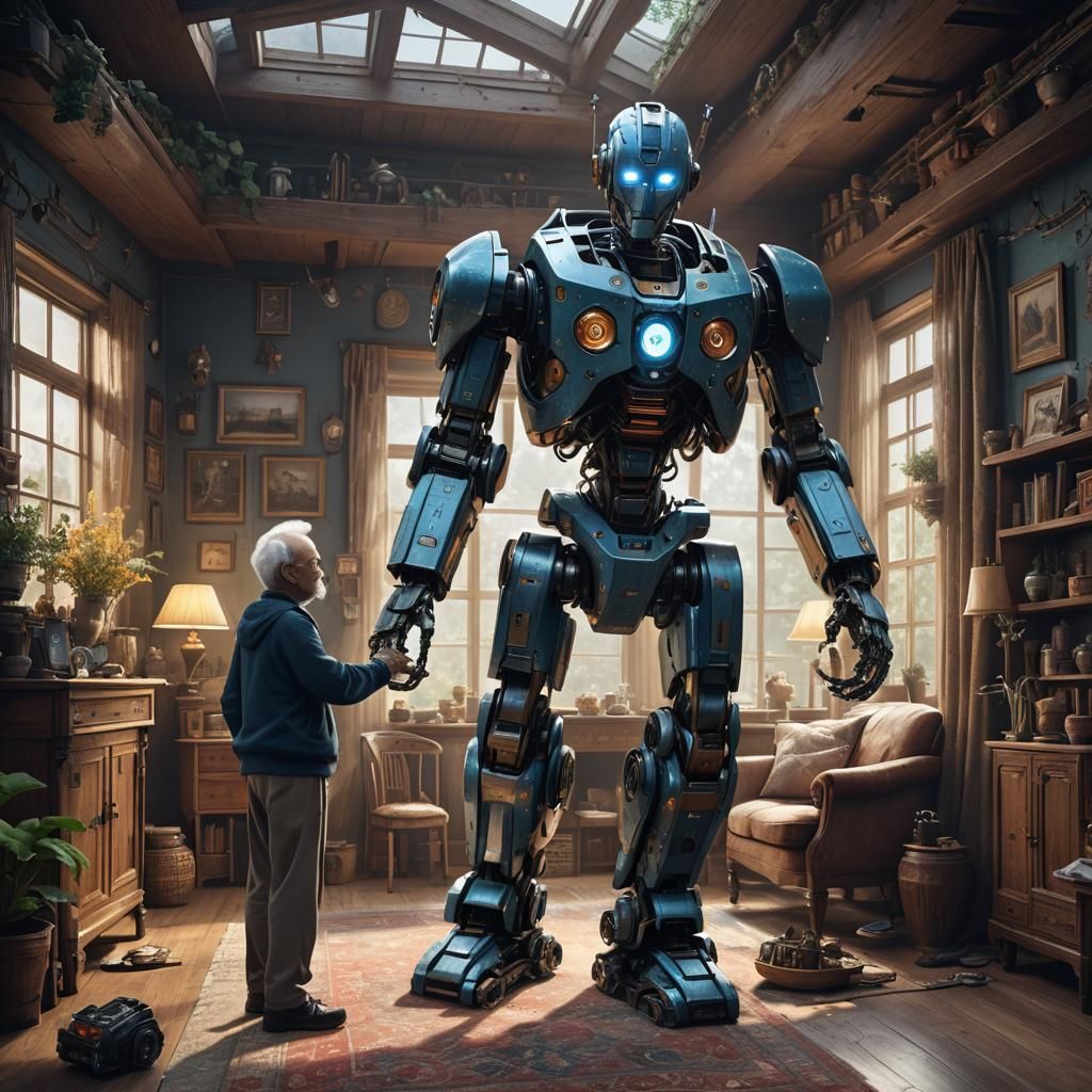 Humanoid Robot Assisting Elderly Man: Digital Art