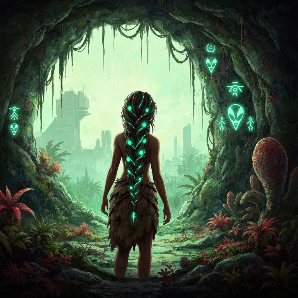 Cavewoman with Bioluminescent Braids in Digital Art Style