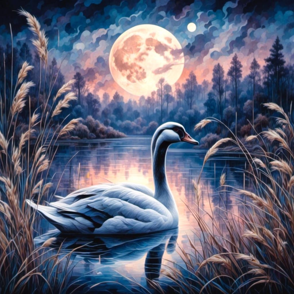 Goose Flying Over Misty Lake in Art Deco Nouveau Style