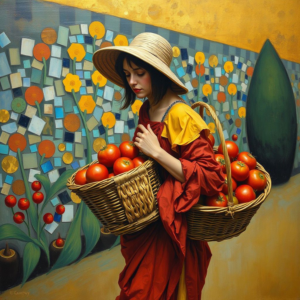 Abstract Woman with Tomatoes: Art Nouveau Klimt Style