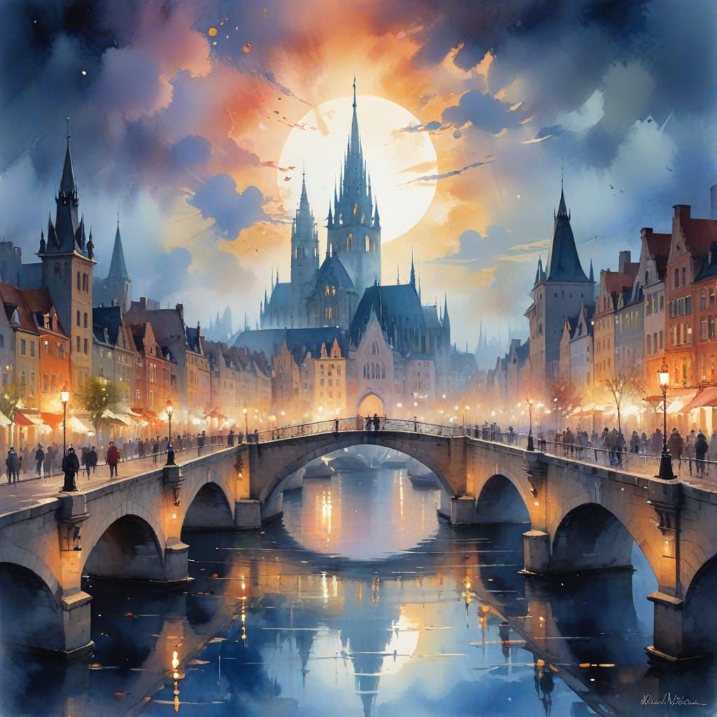 Dreamlike Twilight City with Luminous Bridges in Watercolour...