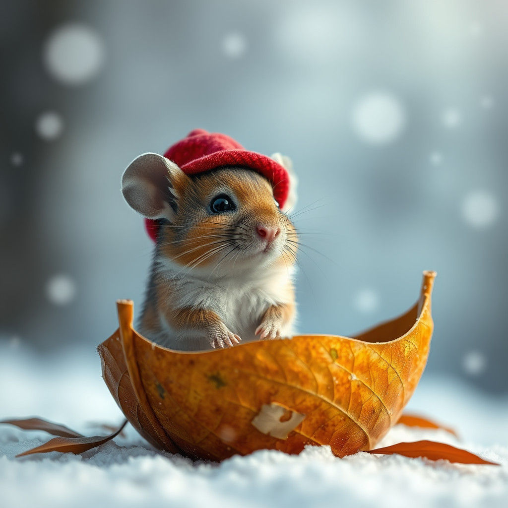 Mouse in Leaf Boat on Snowy Day