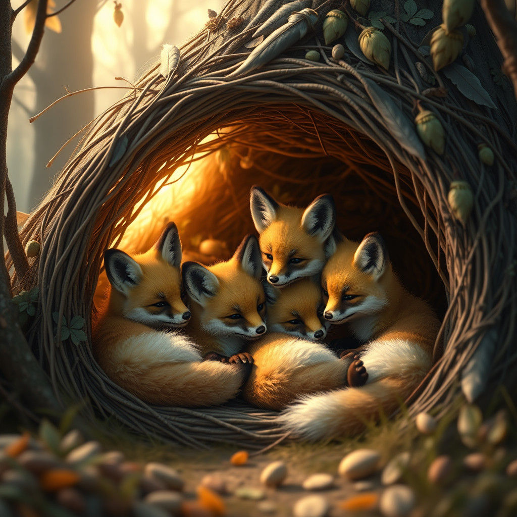 Fluffy Fox Family in Cozy Forest Den