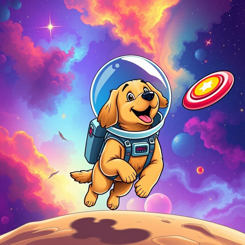 Celestial Golden Retriever Chases Rainbow Frisbee in Vibrant...