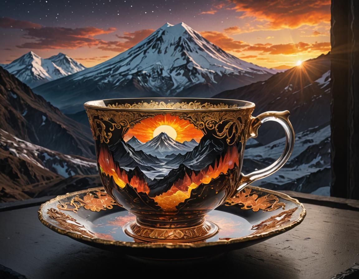 Teacup Portal to a Volcanic Mountain Landscape