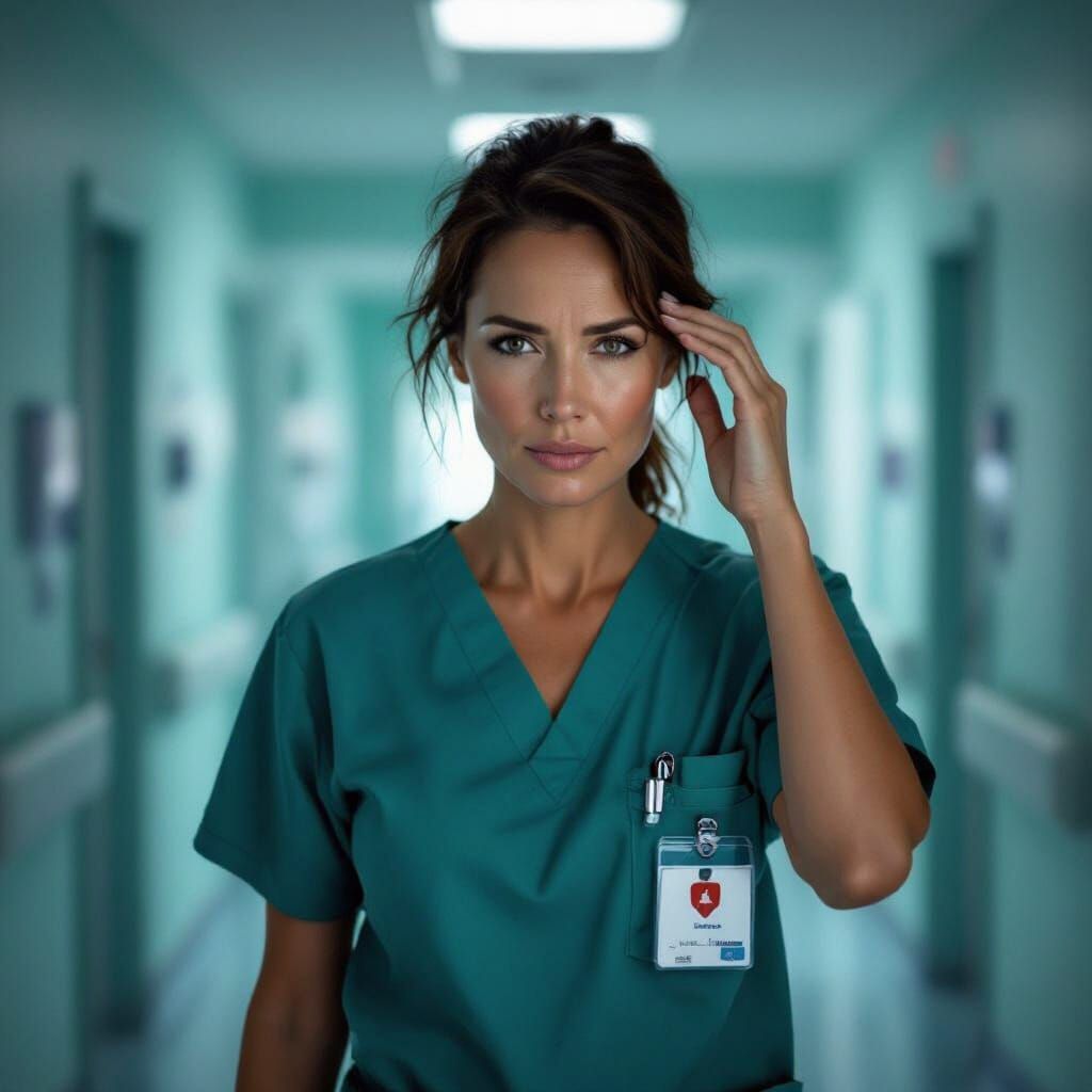 Weary Nurse Silhouette in Teal Hospital Hallway