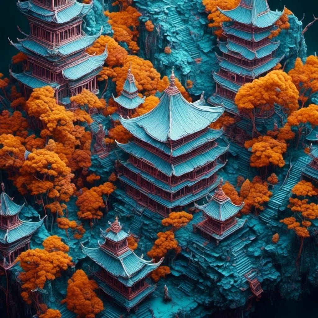 Asian Temple in Himalayan Jungle Bird's-Eye View