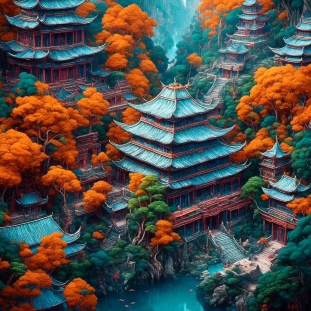 Asian Temple in Himalayan Jungle, Cel-Shaded Architecture