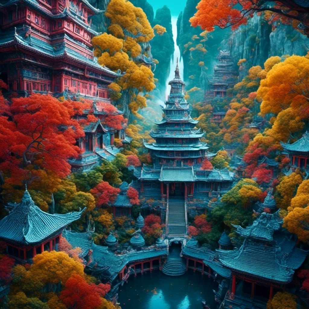 Asian Temple in Himalayan Jungle Bird's-Eye View